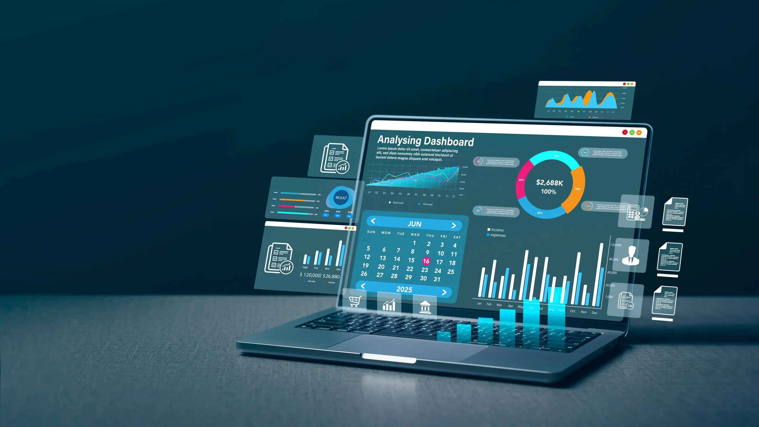 Finanz-Dashboard auf einem Laptop mit Umsatz- und Wachstumsdiagrammen