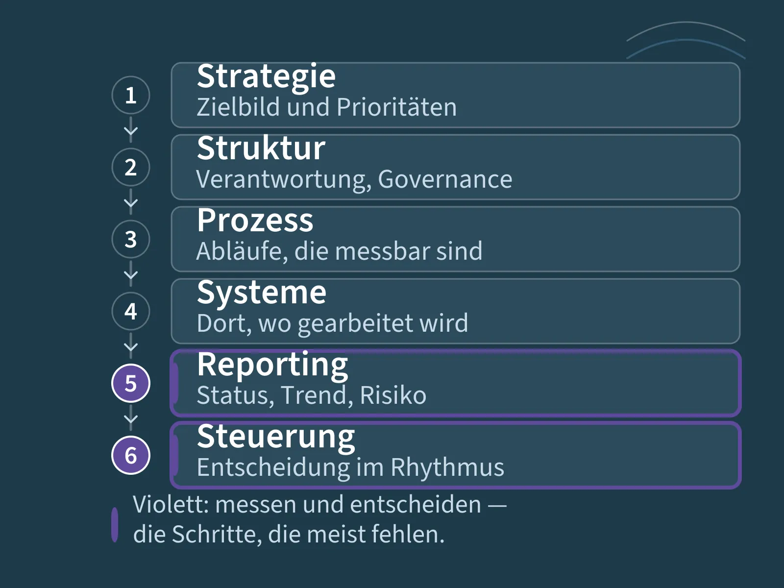 Sechs Stationen untereinander: Strategie, Struktur, Prozess, Systeme, Reporting und Steuerung — die letzten beiden violett hervorgehoben