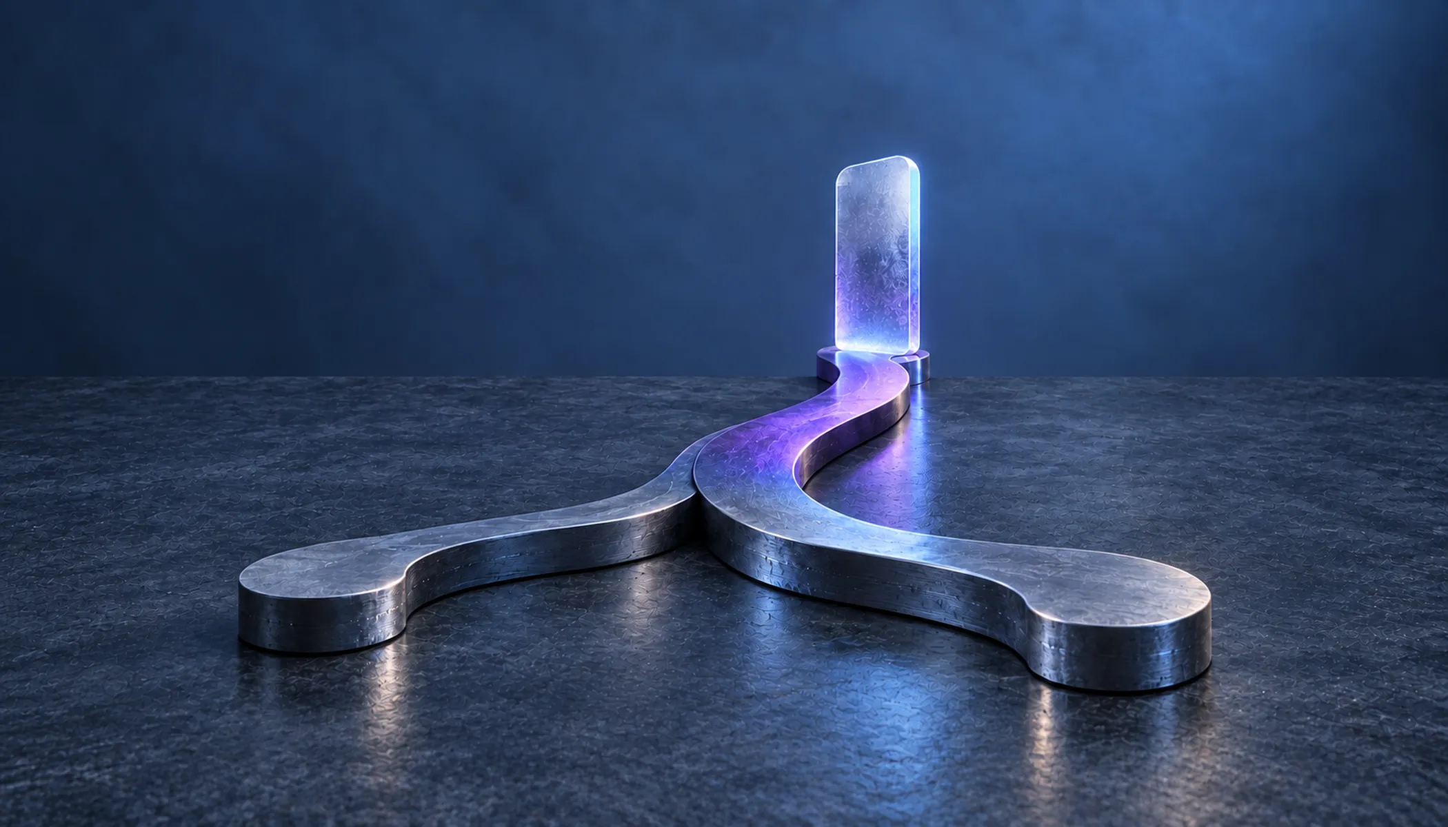 A branching path with a violet route leading to an upright glass marker