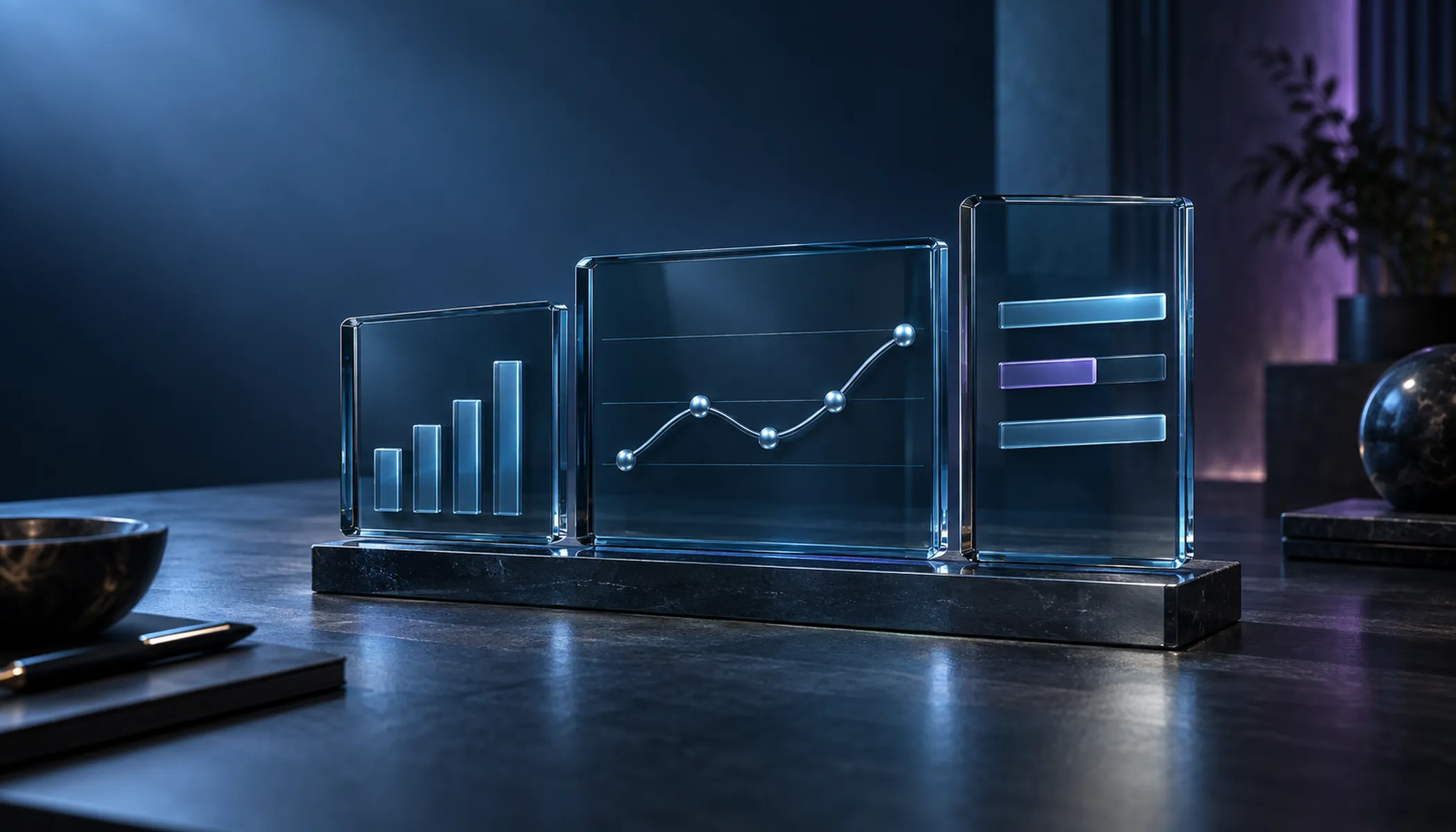 Three glass panels show comparison bars, a metric trend and status indicators