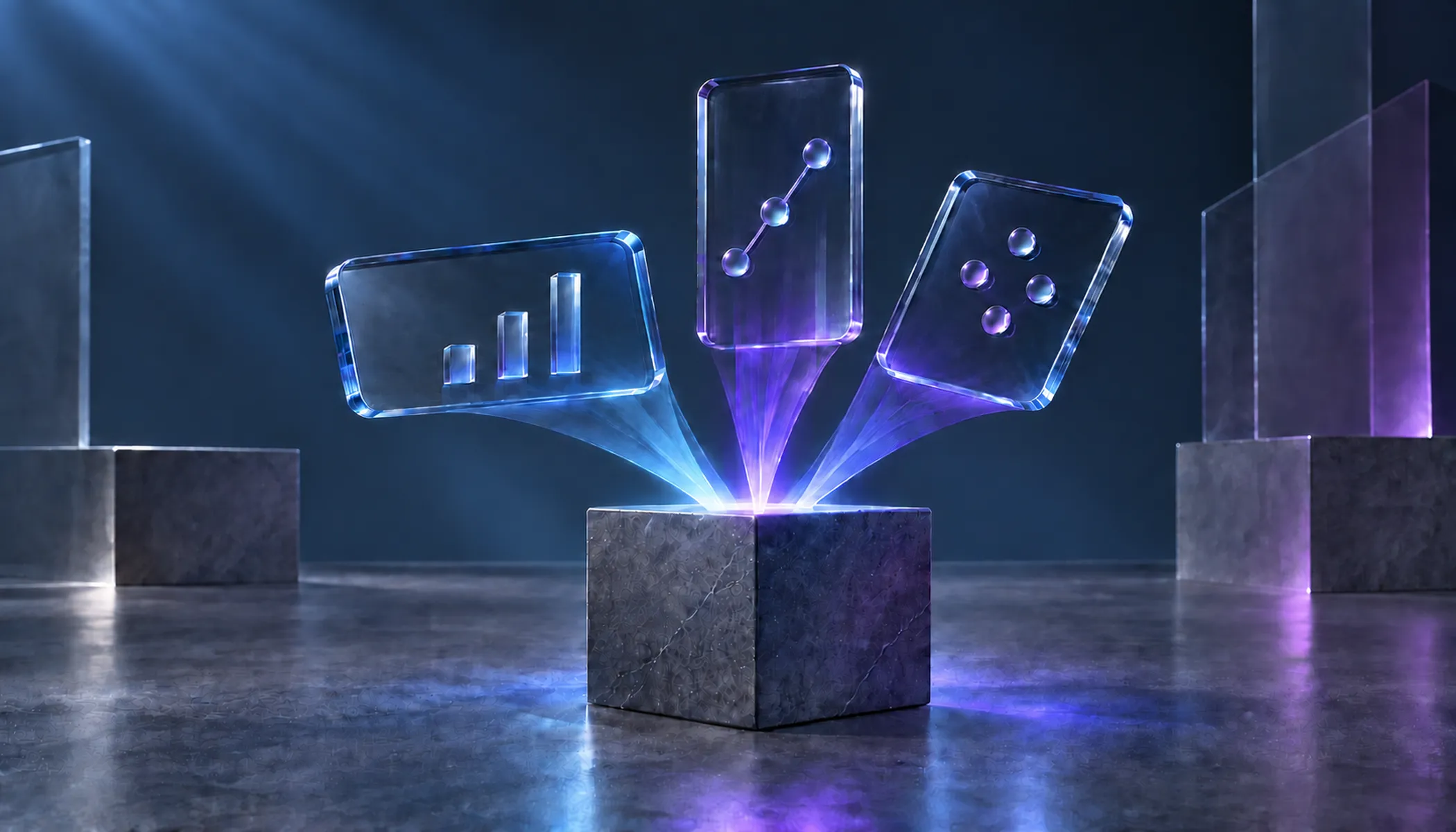 A stone block feeding three light channels into three glass plates of different shapes