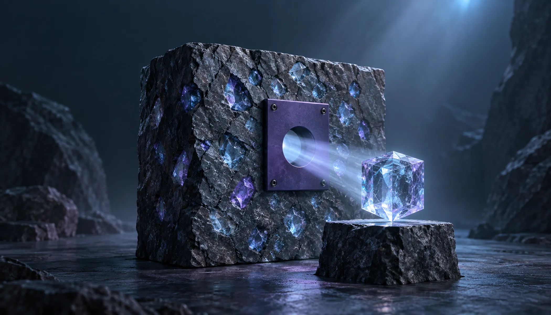 Ein unversehrter Steinblock voller Glaskerne; durch eine violette Blende tritt ein Lichtstrahl und bildet davor einen einzelnen klaren Glaswürfel