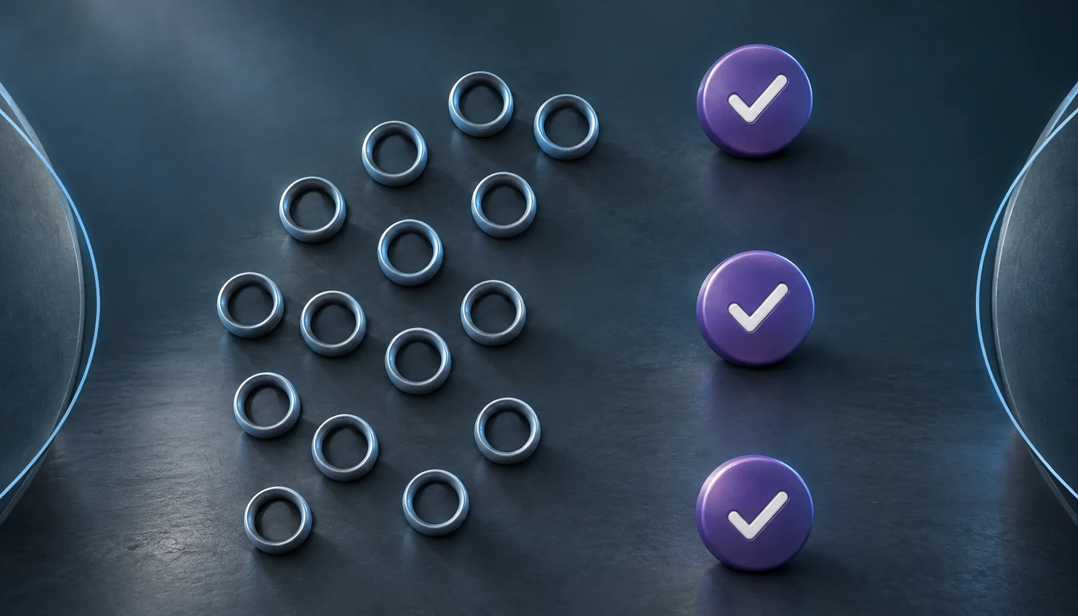 Viele offene Ringe links, rechts drei violette Einträge mit Haken